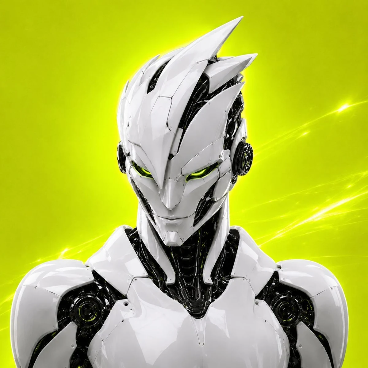 VLAD, streamlined white engineering robot with blade-like helmet and acid-green eyes
