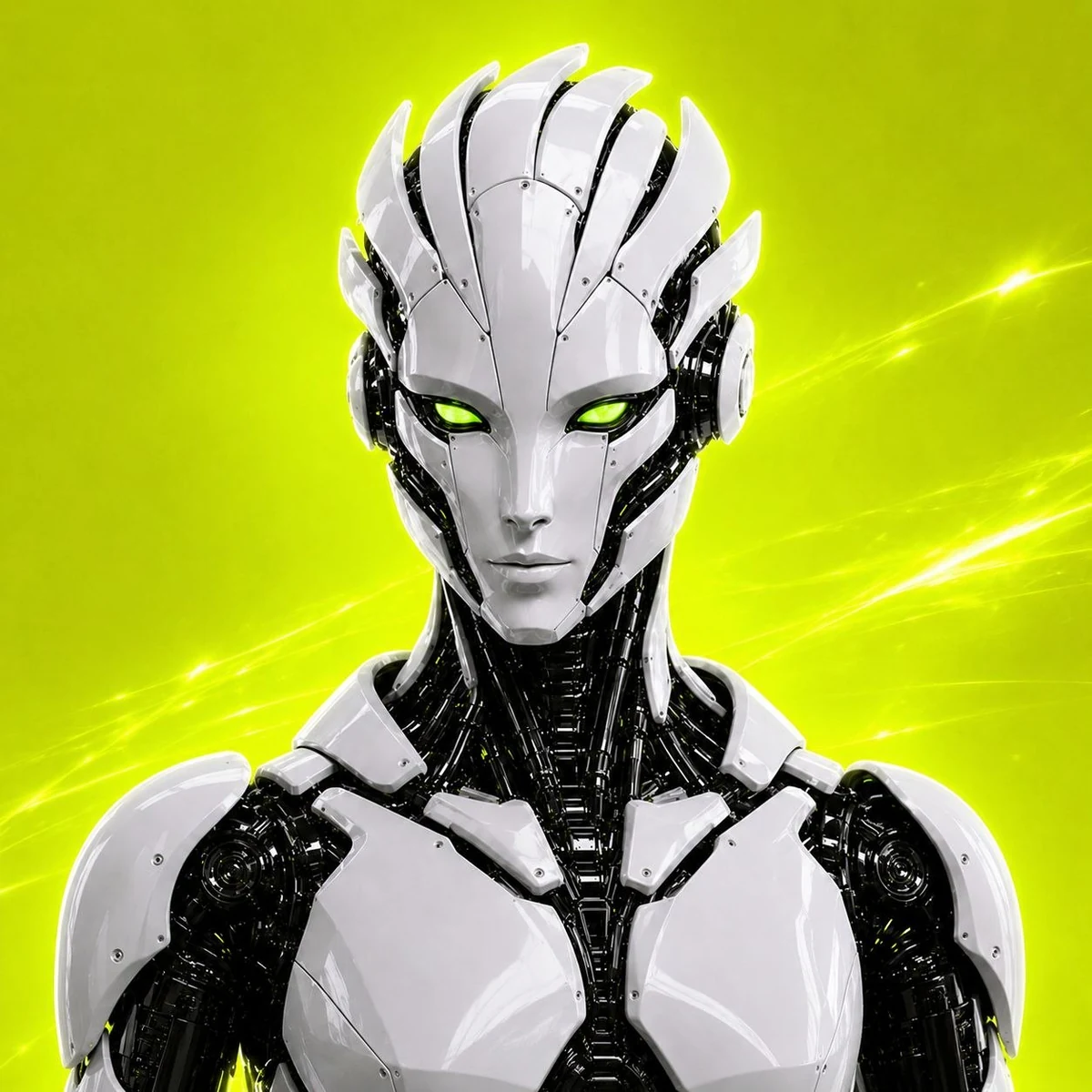 INDIGO, human-faced white treasury robot with segmented crown and acid-green eyes