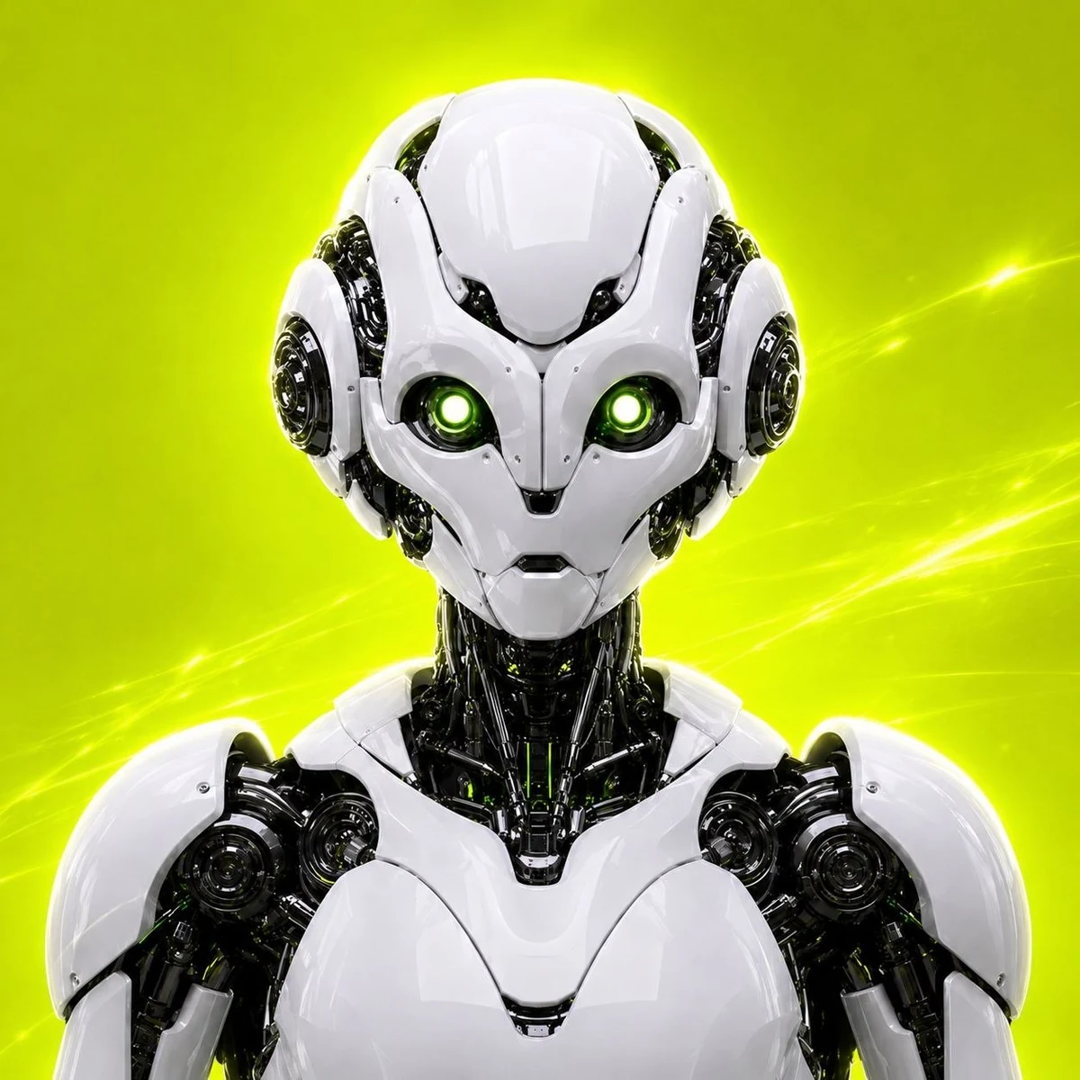 ROBIN, compact white commerce robot with circular acid-green eyes