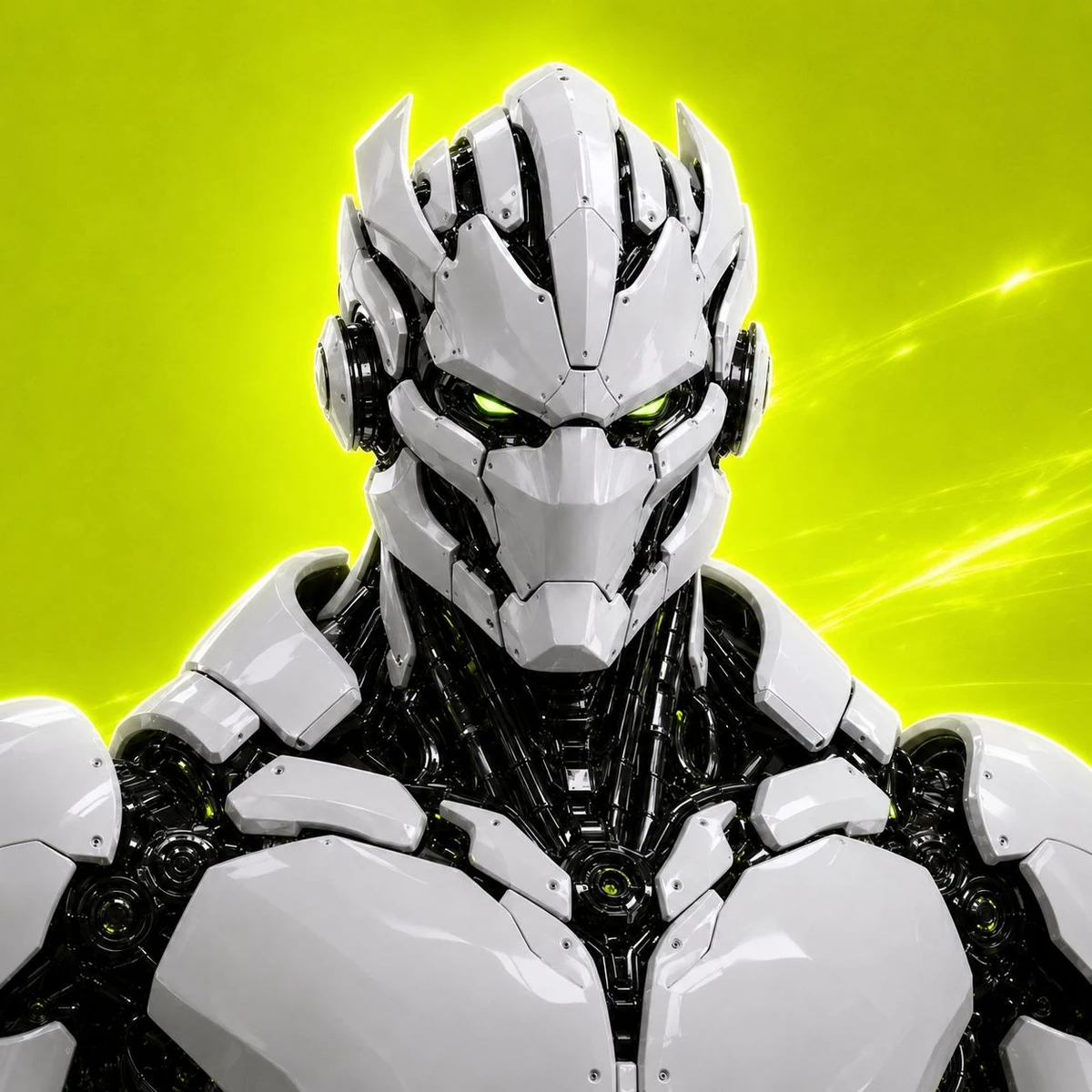 ADAM, white armored executive robot with angular helmet and acid-green eyes